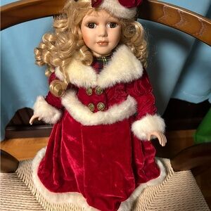 Elegant Red Velvet Doll with Fur Trim